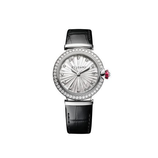LVCEA watch with polished stainless steel case set with diamonds, white mother-of-pearl intarsia marquetry dial, 11 diamond indexes and black alligator bracelet 103476 image 1