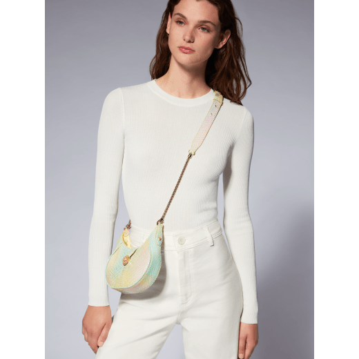 Serpenti Ellipse small crossbody bag in multicolour Spring Shade python skin with sunbeam citrine yellow nappa leather lining. Captivating snakehead closure in gold-plated brass embellished with white mother-of-pearl scales and red enamel eyes. 291736 image 7