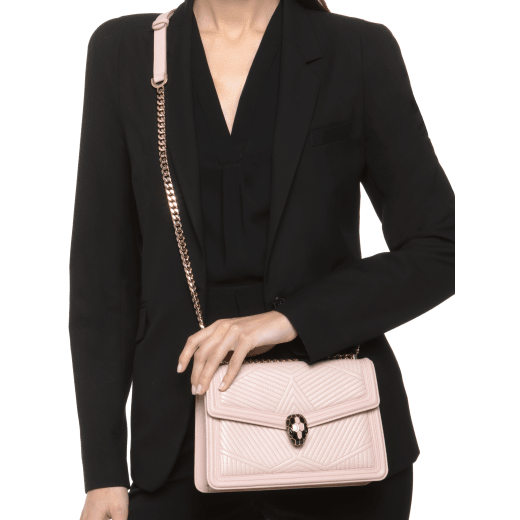 “Serpenti Diamond Blast” shoulder bag in crystal rose quilted nappa leather body and crystal rose calf leather frames. Iconic snakehead closure in light gold plated brass enriched with black and crystal rose enamel and black onyx eyes 287331 image 5