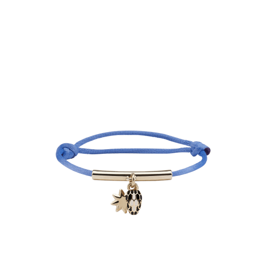 Serpenti Forever bracelet in Niagara sapphire blue fabric and light gold-plated brass tubular element. Eight-pointed star charm and captivating snakehead charm embellished with black and white agate enamel scales and black enamel eyes. SERPSTARSTRING image 1