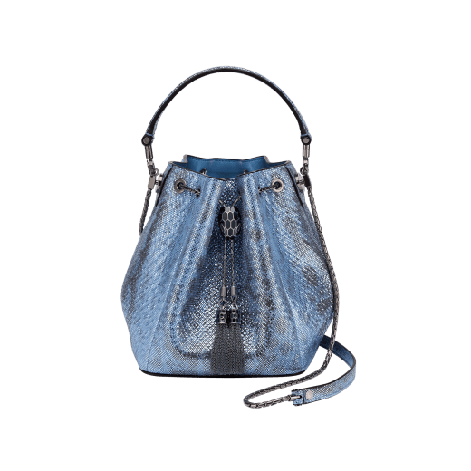"Serpenti Forever" bucket in mint metallic karung skin and black nappa internal lining. Hardware in light gold plated brass and snakehead closure in black and white agate enamel, with eyes in black onyx. 934-MK image 1