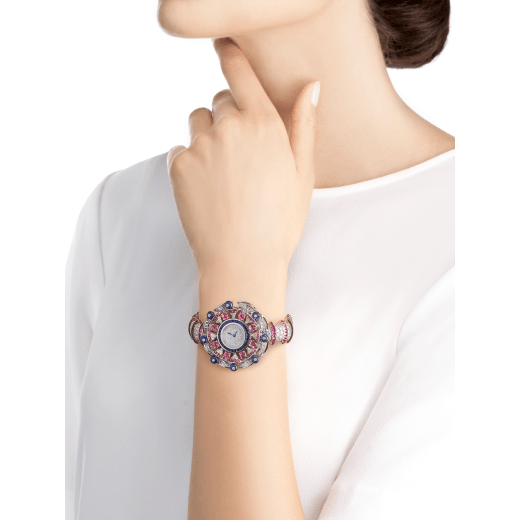 DIVAS' DREAM watch with 18 kt white gold case set with baguette and brilliant-cut diamonds, round and buff-cut rubellites, buff-cut sapphires and sapphire beads, snow pavé dial, 18 kt white gold bracelet set with brilliant-cut diamonds and buff-cut rubellites 102153 image 3