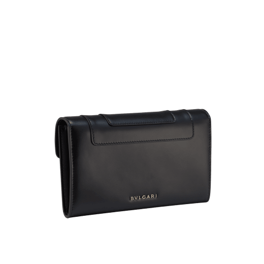 Serpenti Forever large wallet in black calf leather with emerald green nappa leather interior. Captivating snakehead press button closure in light gold-plated brass embellished with black and white agate enamel scales and green malachite eyes. SEA-LONGWLT-LCL image 3