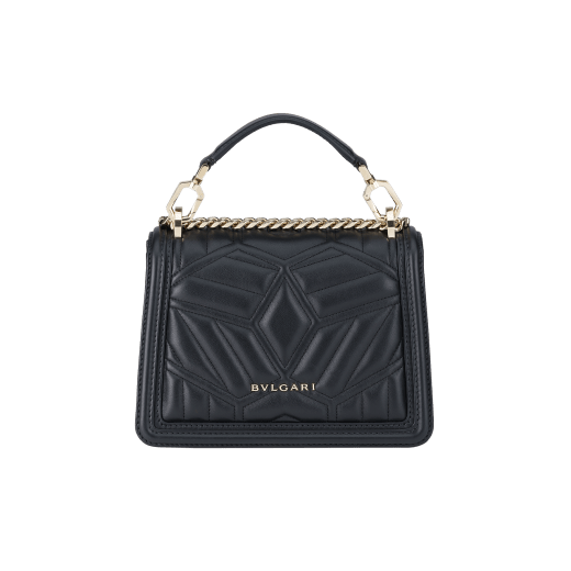 “Serpenti Diamond Blast” crossbody bag in Ivory Opal white quilted nappa leather body, featuring a maxi matelassé pattern, and black calf leather frames, with black nappa leather internal lining. Tempting snakehead closure in light gold plated brass enriched with black enamel and black onyx eyes. 1063-MFQD image 3