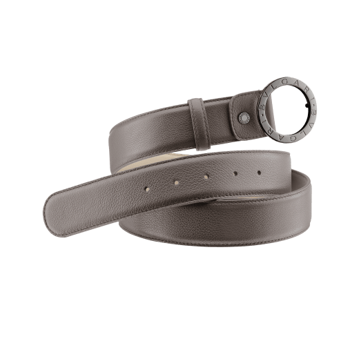 Man Belt in smoky quartz full grain calf leather with iconic round BVLGARI BVLGARI closure in dark ruthenium plated hardware. Also available in other colours and materials in-store. Resizable/Adjustable ROUND-CURVED-fgcl image 1