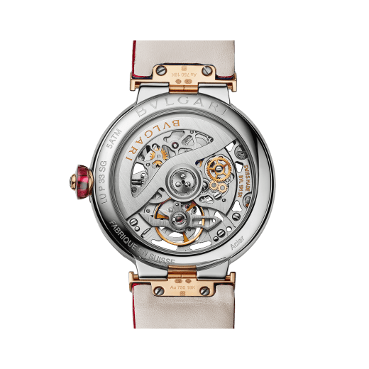 LVCEA Skeleton watch with mechanical manufacture movement, automatic winding and skeleton execution, polished stainless steel case, 18 kt rose gold bezel, openwork BVLGARI logo dial and links, and red alligator bracelet. Water-resistant up to 50 metres. 103373 image 3