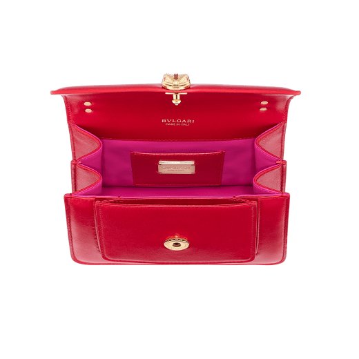 "Serpenti Forever" small maxi chain crossbody bag in Magenta Spinel purple nappa leather, with Roman Garnet bordeaux nappa leather internal lining. New Serpenti head closure in gold plated brass, finished with small purple rhodonite scales in the middle and red enamel eyes. 1134-MCNa image 4