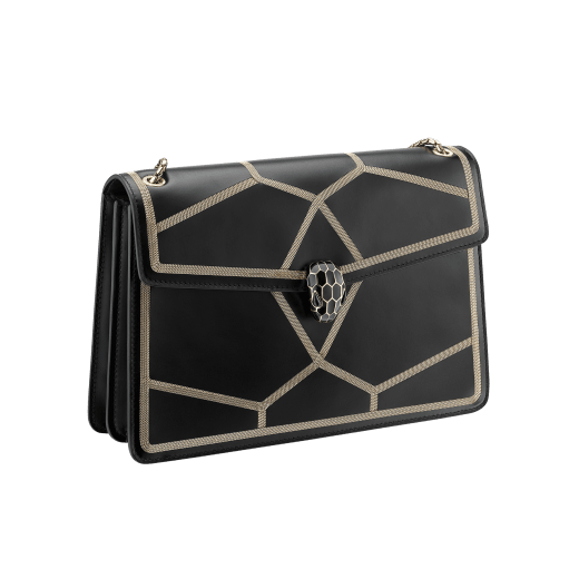 “Serpenti Forever” shoulder bag in black calf leather and Million chain frame body and black calf leather sides. Iconic snake head closure in light gold plated brass enriched with black enamel and black onyx eyes. 521-GCP image 2