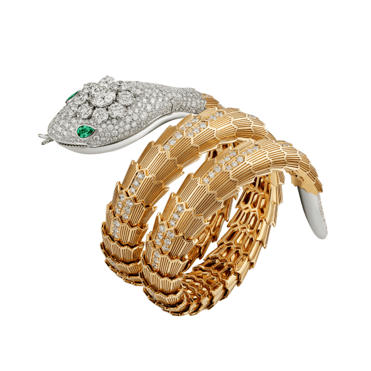 Serpenti Misteriosi High Jewellery secret watch with mechanical manufacture micro-movement with manual winding, 18 kt white and yellow gold case and bracelet set with brilliant-cut diamonds and two pear-cut emeralds and pavé-set diamond dial. 103561 image 2