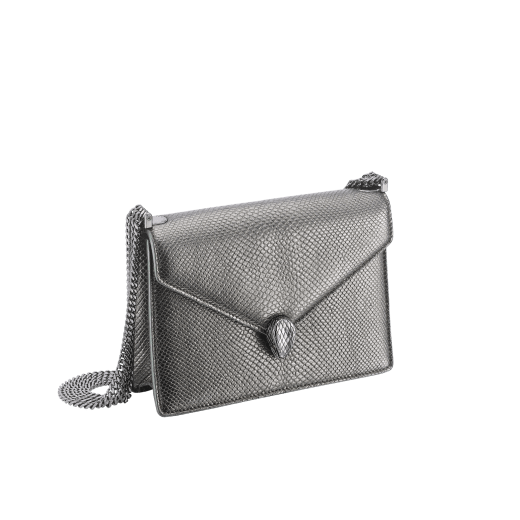 "Serpenti Forever" multichain shoulder bag in "Molten" Charcoal Diamond grey karung skin with black nappa leather inner lining, offering a touch of radiance for the Winter Holidays. New Serpenti head closure in dark ruthenium-plated brass, complete with ruby-red enamel eyes. 1107-MK image 2