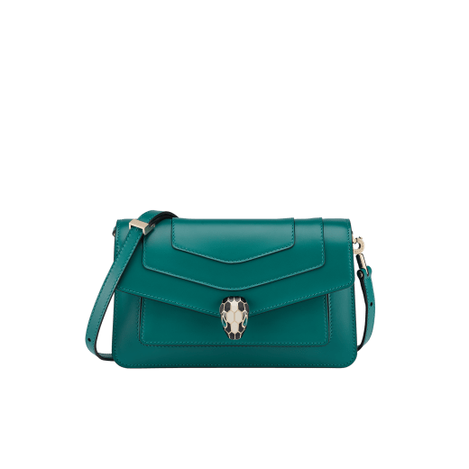 Serpenti Forever East-West small shoulder bag in black calf leather with emerald green gros grain lining. Captivating snakehead magnetic closure in light gold-plated brass embellished with black and white agate enamel scales, and green malachite eyes. 1237-CL image 1