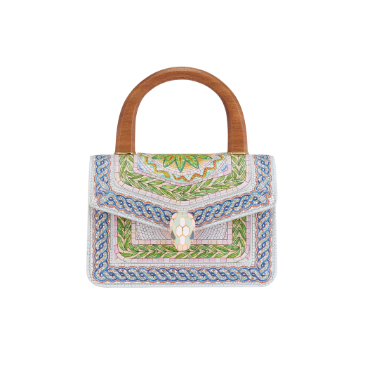 Casablanca x Bulgari small top handle bag in soft grain printed calf leather featuring a Roman mosaic pattern, with dusty pink calf leather sides and dusty pink grosgrain lining. Captivating snakehead magnetic closure in gold-plated brass embellished with multicolor enamel scales and blue jade eyes. 292417 image 1