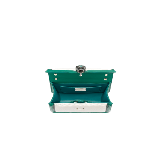 “Serpenti Diamond Blast” crossbody bag in white agate quilted nappa leather and emerald green smooth calf leather frames. Tempting snakehead closure in light gold-plated brass enriched with matte black and shiny emerald green enamel and black onyx eyes. 1063-FQDa image 4