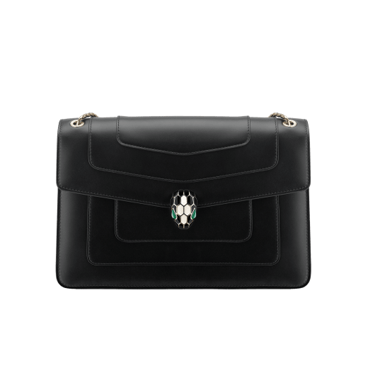 Serpenti Forever medium shoulder bag in black calf leather with emerald green grosgrain lining. Captivating snakehead closure in light gold-plated brass embellished with black and white agate enamel scales and green malachite eyes. 1089-Cla image 1