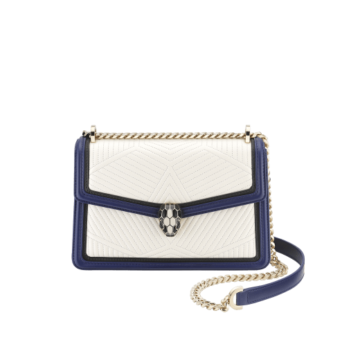 “Serpenti Diamond Blast” shoulder bag in quilted, agate-white nappa leather with Royal Sapphire blue and black calfskin edging and Royal Sapphire blue nappa leather inner lining. Iconic snakehead closure in light gold-plated brass embellished with black and agate-white enamel and black onyx eyes. 922-FQDb image 2