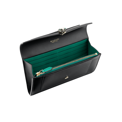 "Serpenti Forever" new large wallet in metallic Milky Opal beige karung skin and Milky Opal beige calfskin. Alluring snakehead closure in light gold-plated brass with black and glittery Milky Opal beige enamel and black onyx eyes. SEA-LONGWLT image 2