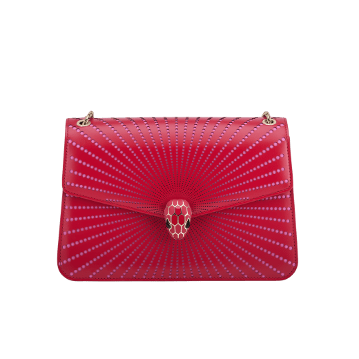 Serpenti Forever medium shoulder bag in amaranth garnet red laser-cut calf leather with taffy quartz pink nappa leather lining. Captivating snakehead closure in light gold-plated brass embellished with matt and shiny amaranth garnet red enamel scales and black onyx eyes. 1205-LCCL image 1