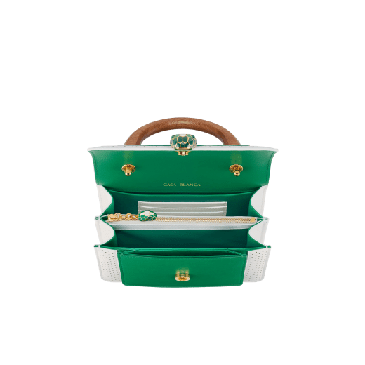 Casablanca x Bulgari small top handle bag in white Tennis Groundstroke calf leather, perforated on the front and smooth on the sides, with smooth tennis green calf leather inserts and tennis green nappa leather lining. Captivating snakehead closure in gold-plated brass embellished with dégradé green and bright white enamel scales, and green malachite eyes. 292330 image 4