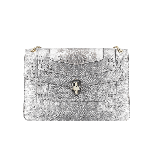“Serpenti Forever” shoulder bag in Charcoal Diamond grey metallic karung skin with Charcoal Diamond grey nappa leather internal lining. Tempting snakehead closure light gold plated brass enriched with black and glitter Hawk's Eye grey enamel and black onyx eyes. 1089-MK image 1