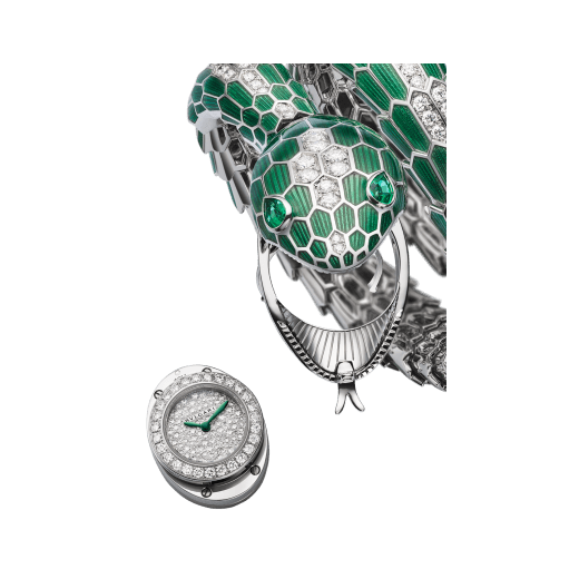 Serpenti Misteriosi High Jewellery secret watch with mechanical manufacture micro-movement with manual winding, 18 kt white gold case and bracelet with green lacquer, brilliant-cut diamonds and two pear-cut emeralds, with pavé-set diamond dial. 103560 image 4