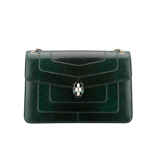 “Serpenti Forever” shoulder bag in Forest Emerald green shiny karung skin with zircon bay gros grain internal lining. Iconic snakehead closure in light gold plated brass and enriched with black and white agate enamel and green malachite eyes. 290564 image 1
