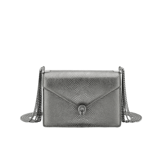 "Serpenti Forever" multichain shoulder bag in "Molten" Charcoal Diamond grey karung skin with black nappa leather inner lining, offering a touch of radiance for the Winter Holidays. New Serpenti head closure in dark ruthenium-plated brass, complete with ruby-red enamel eyes. 1107-MK image 1