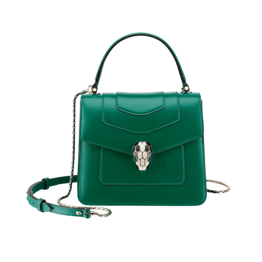 Flap cover bag Serpenti Forever in ruby red calf leather. Brass light gold plated hardware and snake head closure in black and white enamel with eyes in green malachite. 752-CLa image 1