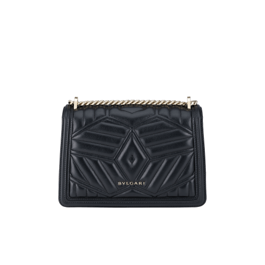 “Serpenti Diamond Blast” shoulder bag in black quilted nappa leather body, featuring a maxi matelassé pattern, and black calf leather frames, with black nappa leather internal lining. Tempting snakehead closure in light gold plated brass enriched with black enamel and black onyx eyes. 922-MFQD image 3