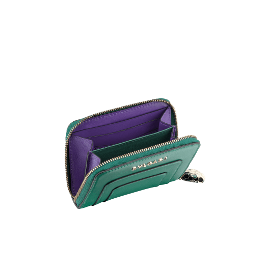 Serpenti Forever mini zipped wallet in daisy topaz and crystal rose calf leather. Iconic snake head zip puller in black and white agate enamel with emerald green enamel eyes. SEA-WLT-MINI-ZIP-CLa image 2