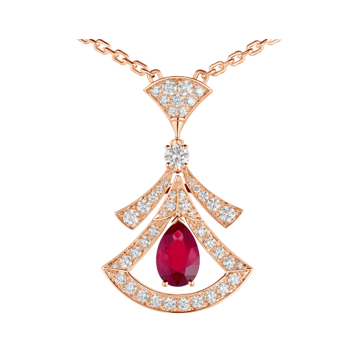 Durchbrochene DIVAS' DREAM Halskette aus 18 Karat Roségold mit einem Rubin in Tropfenform, runden Rubinen im Brillantschliff, einem runden Diamanten im Brillantschliff und Diamant-Pavé 356953 image 3