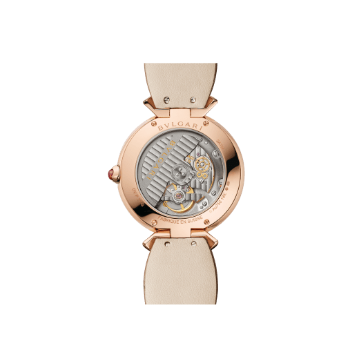 DIVAS' DREAM watch with in-house manufacture mechanical movement, automatic winding, 18 kt rose gold case, 18 kt rose gold bezel and fan-shaped links both set with brilliant-cut diamonds, natural peacock feather dial and shiny beige alligator strap 103139 image 3
