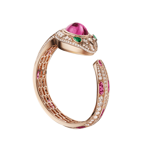 Serpenti Seduttori watch with 18 kt rose gold case and dial, 18 kt rose gold head set with brilliant cut diamonds, one cabochon cut tourmaline and emerald eyes, 18 kt rose gold bracelet set with brilliant cut diamonds and tourmalines. 102616 image 1
