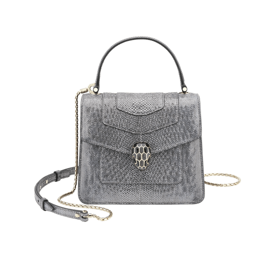 Serpenti Forever crossbody bag in charcoal diamond metallic karung skin. Snakehead closure in light gold plated brass decorated with glitter charcoal diamond and shiny black enamel, and black onyx eyes. 752-MK image 1