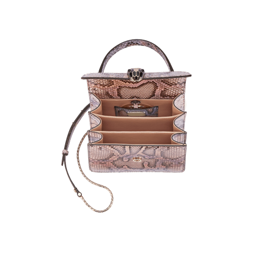 Serpenti Forever top handle bag in multicolour Early Bright python skin with caramel topaz beige nappa leather lining. Captivating snakehead closure in light gold-plated brass embellished with black and caramel topaz beige enamel scales and black onyx eyes. 291721 image 4
