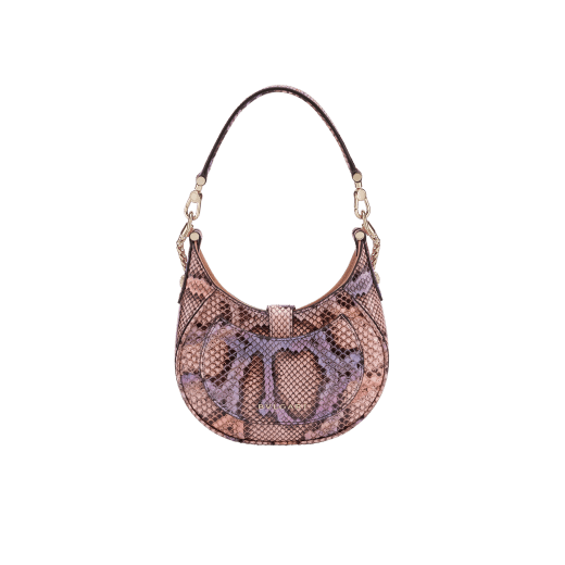 Serpenti Ellipse small crossbody bag in multicolour Early Bright python skin with caramel topaz beige nappa leather lining. Captivating snakehead closure in light gold-plated brass embellished with black onyx scales and red enamel eyes. 291746 image 3