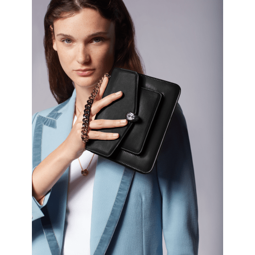 Serpenti Forever Maxi Chain small crossbody bag in black palmellato leather with black nappa leather lining. Captivating snakehead closure in palladium-plated brass embellished with black onyx scales and red enamel eyes. MCN-PL-B image 5