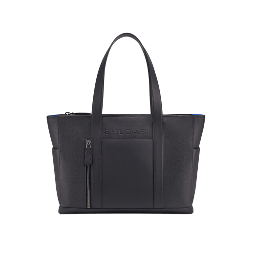 BULGARI Man large horizontal tote bag in ivy onyx grey smooth and grainy metal-free calf leather with Olympian sapphire blue regenerated nylon (ECONYL®) lining. Dark ruthenium-plated brass hardware, hot stamped BULGARI logo and zipped closure. BMA-1211-CL image 1