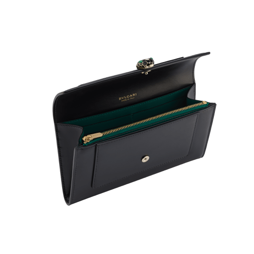 Serpenti Forever large wallet in black calf leather with emerald green nappa leather interior. Captivating snakehead press button closure in light gold-plated brass embellished with black and white agate enamel scales and green malachite eyes. SEA-LONGWLT-LCL image 2