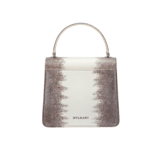 Serpenti Forever small top handle bag in white agate shiny lizard skin with beige and grey shades, and with caramel topaz beige nappa leather lining. Captivating snakehead closure in dark ruthenium-plated brass embellished with brown-green and ivory opal enamel scales and black onyx eyes. 291484 image 3