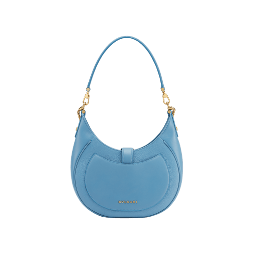 Serpenti Ellipse medium shoulder bag in Urban grain and smooth Niagara sapphire blue calf leather with cloud topaz blue gros grain lining. Captivating snakehead closure in gold-plated brass embellished with black onyx scales and red enamel eyes. 1190-UCL image 3
