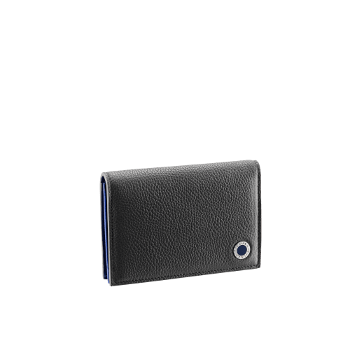 "BVLGARI BVLGARI" business card holder in denim sapphire soft full grain calf leather and capri turquoise calf leather, with brass palladium plated logo décor coloured in capri turquoise enamel. BBM-BC-HOLD-SIMPLE-sfgcl image 1