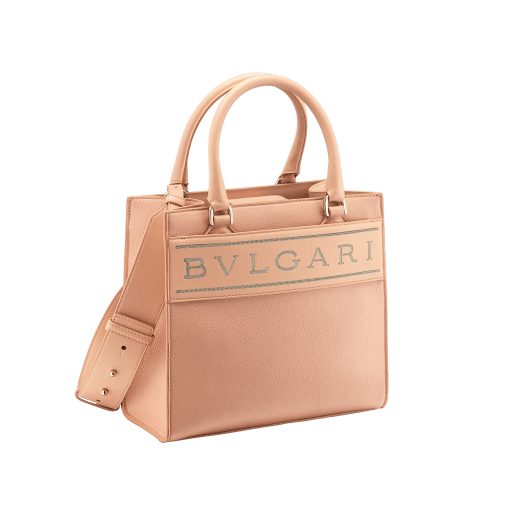 "Bvlgari Logo" small tote bag in Ivory Opal white calf leather, with Beet Amethyst purple grosgrain inner lining. Bvlgari logo featured with light gold-plated brass chain inserts on the Ivory Opal white calf leather. BVL-1159-CL image 2