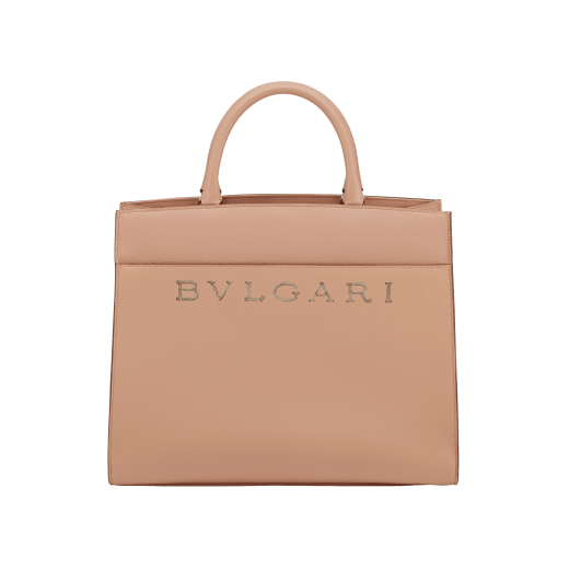 Bulgari Logo tote bag in ivory opal smooth and grain calf leather with black gros grain lining. Iconic Bvlgari logo decorative chain motif in light gold-plated brass. BVL-1192 image 1