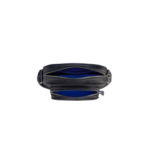 BULGARI Man small camera bag in black smooth and grainy metal-free calf leather with Olympian sapphire blue regenerated nylon (ECONYL®) lining. Dark ruthenium-plated brass hardware, hot stamped BULGARI logo and zipped closure. BMA-1206-CL image 6