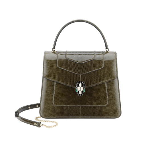 “Serpenti Forever” top handle bag in mimetic jade shiny karung skin. Iconic snakehead closure in light gold plated brass enriched with black and white enamel and green malachite eyes. 289927 image 1