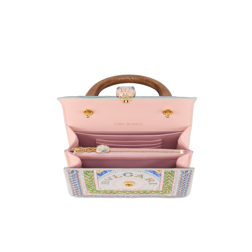 Casablanca x Bulgari small top handle bag in soft grain printed calf leather featuring a Roman mosaic pattern, with dusty pink calf leather sides and dusty pink grosgrain lining. Captivating snakehead magnetic closure in gold-plated brass embellished with multicolor enamel scales and blue jade eyes. 292417 image 4