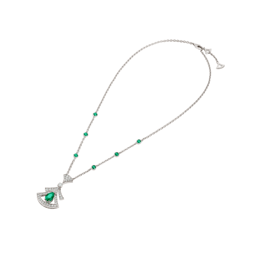 DIVAS' DREAM 18 kt white gold openwork necklace set with a pear-shaped emerald (1.17 ct), round brilliant-cut emeralds (0.60 ct), a round brilliant-cut diamond and pavé diamonds (0.86 ct) 356955 image 2