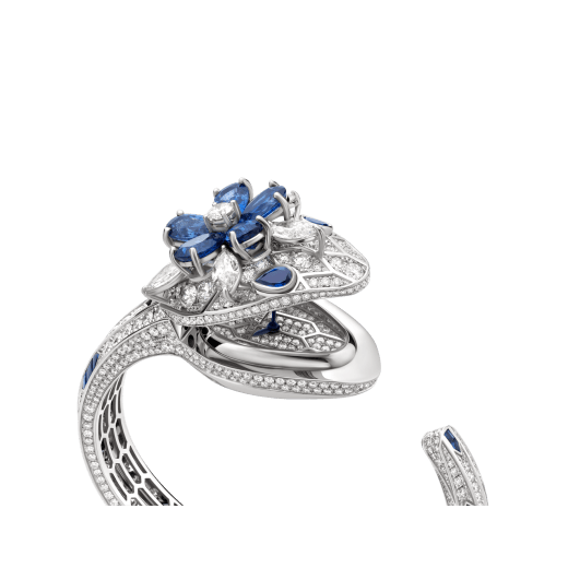 Serpenti Secret Watch with 18 kt white gold head set with brilliant-cut and marquise-shaped diamonds and pear-shaped sapphires and sapphire eyes, 18 kt white gold case and dial both set with brilliant-cut diamonds, and 18 kt white gold bracelet set with brilliant-cut diamonds and buff-top cut sapphires 103020 image 2