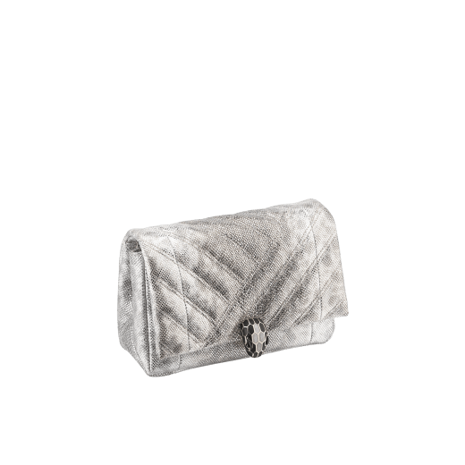Serpenti Cabochon mini bag in soft matelassé white agate metallic karung skin, with a graphic motif. Light gold brass plated tempting snake head closure in black and glitter white agate enamel and black onyx eyes. 1023-MK image 2