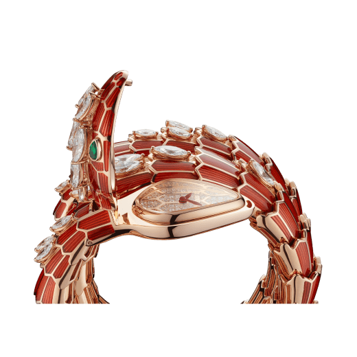 Serpenti Secret Watch with 18 kt rose gold head and double spiral bracelet, both coated with red lacquer and set with marquise-cut diamonds, emerald eyes and 18 kt rose gold dial set with brilliant cut diamonds. 102527 image 3